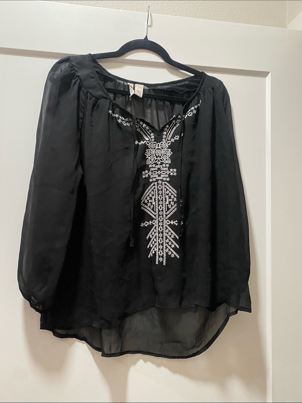 Mudd Black Sheer Peasant Blouse with White Embroidery